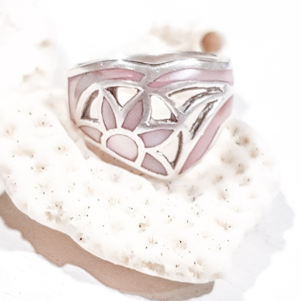 .925 Sterling Silver Pink Opal Inlay Ring
